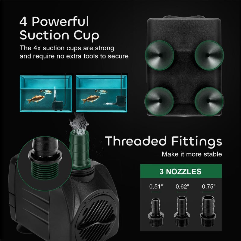 GROWNEER 550GPH Submersible Pump 30W Ultra Quiet Fountain Water Pump, 2000L/H, with 7.2ft High Lift, 3 Nozzles, 4.9 Feet Tubing for Aquarium, Fish Tank, Pond, Hydroponics, Statuary - Image 2